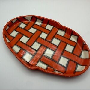 Signed Alison Palmer Studio Pottery Red Woven Pattern Oval Dish
